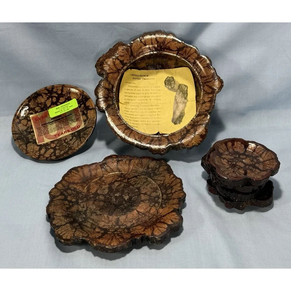 RARE Vintage 7 Piece Chrysanthemum Wood Bowl w/ Lid,‎ Plate and 4 Coasters